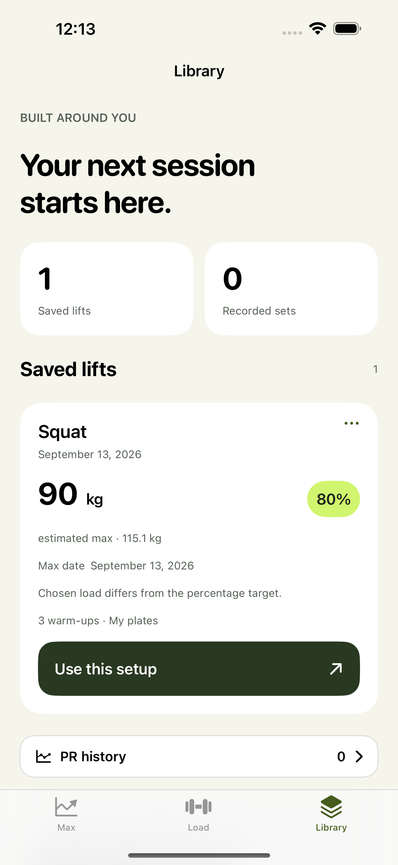 Rackory Library shows a saved squat setup with a 90 kg working load, dated estimated max and three warm-ups.